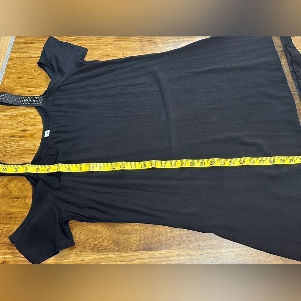 Cold Shoulder, Black Dress, Size M with Studded Stretchy Straps - Picture 8 of 9